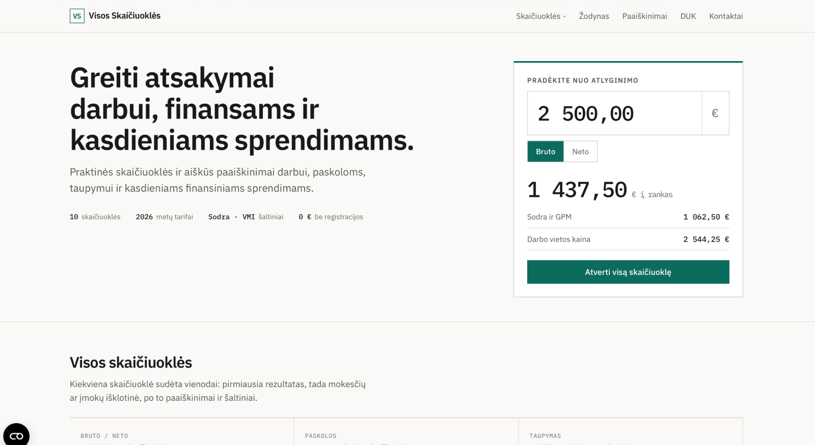 VisosSkaičiuoklės.lt pradinis puslapis su atlyginimo skaičiuokle